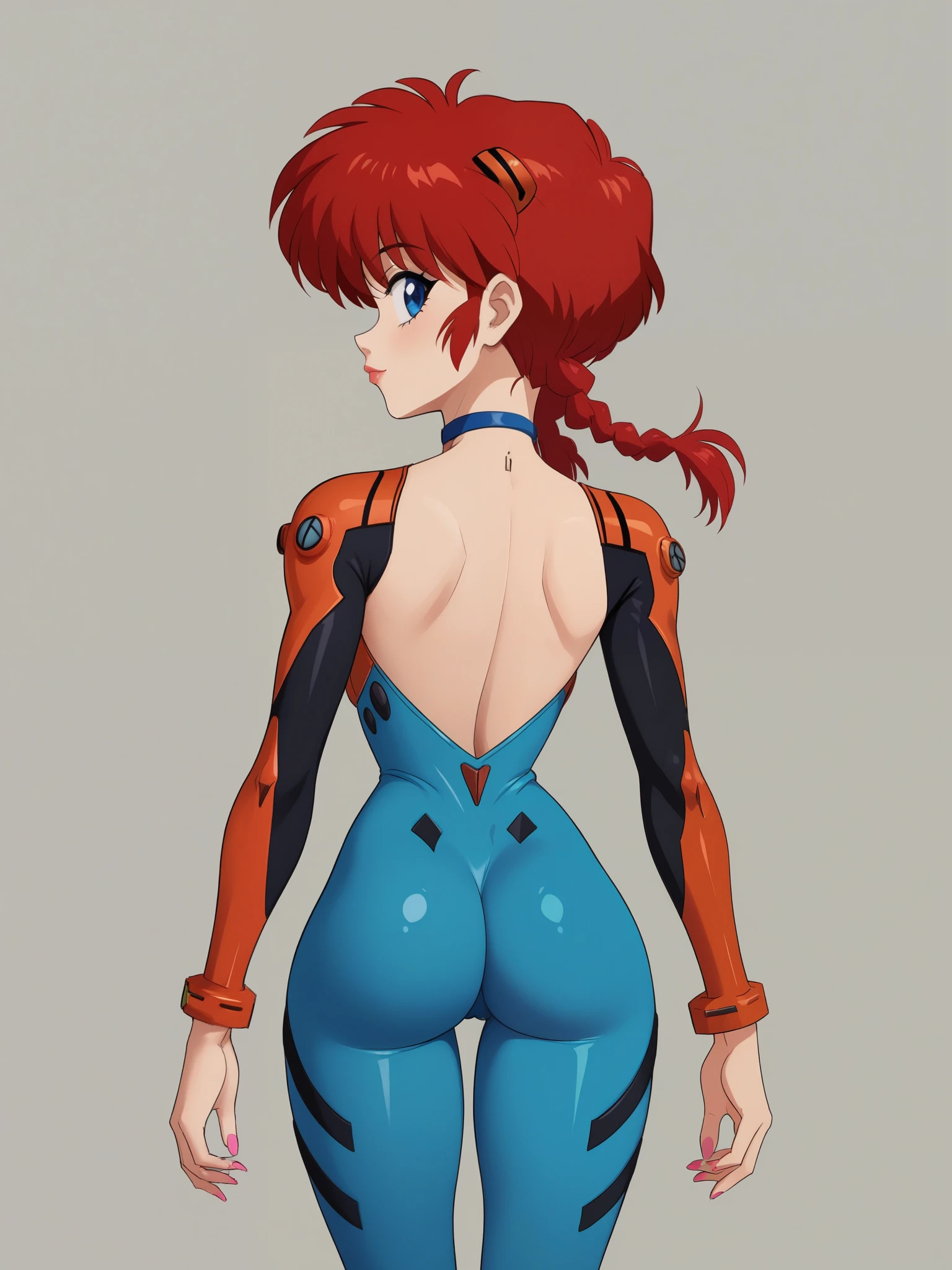 Ranma Saotome. red hair. Blue eyes. pigtail. small saggy breasts. hige hips. slim dody. choker. evangelion suit. black eyeliner. pink manicure. bar. rear view
