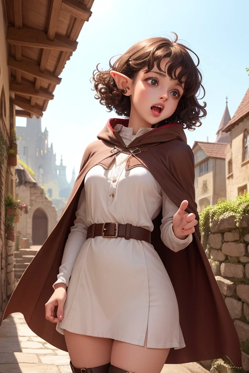 a girl with elf ears, brown eyes, short curly hair, open mouth with lipstick, wide-eyed expression of surprise, in a fantasy village setting, wearing a cloak