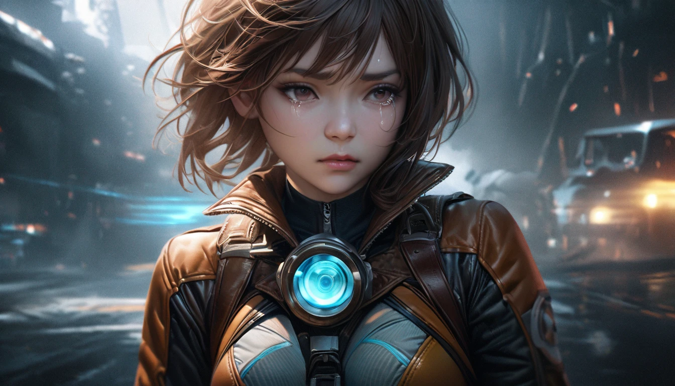 A girl with short brown hair wearing a leather jacket, bodysuit, gloves, and goggles, looking sad with a hint of tears, detailed face and eyes, hyperrealistic, 8k, highly detailed, professional digital art, dramatic lighting, moody color palette, cinematic composition,Tracer,goggles