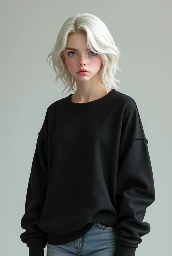 Beautiful Korean looking woman with blonde hair, wearing a black long sweatshirt and sexy light blue underwear