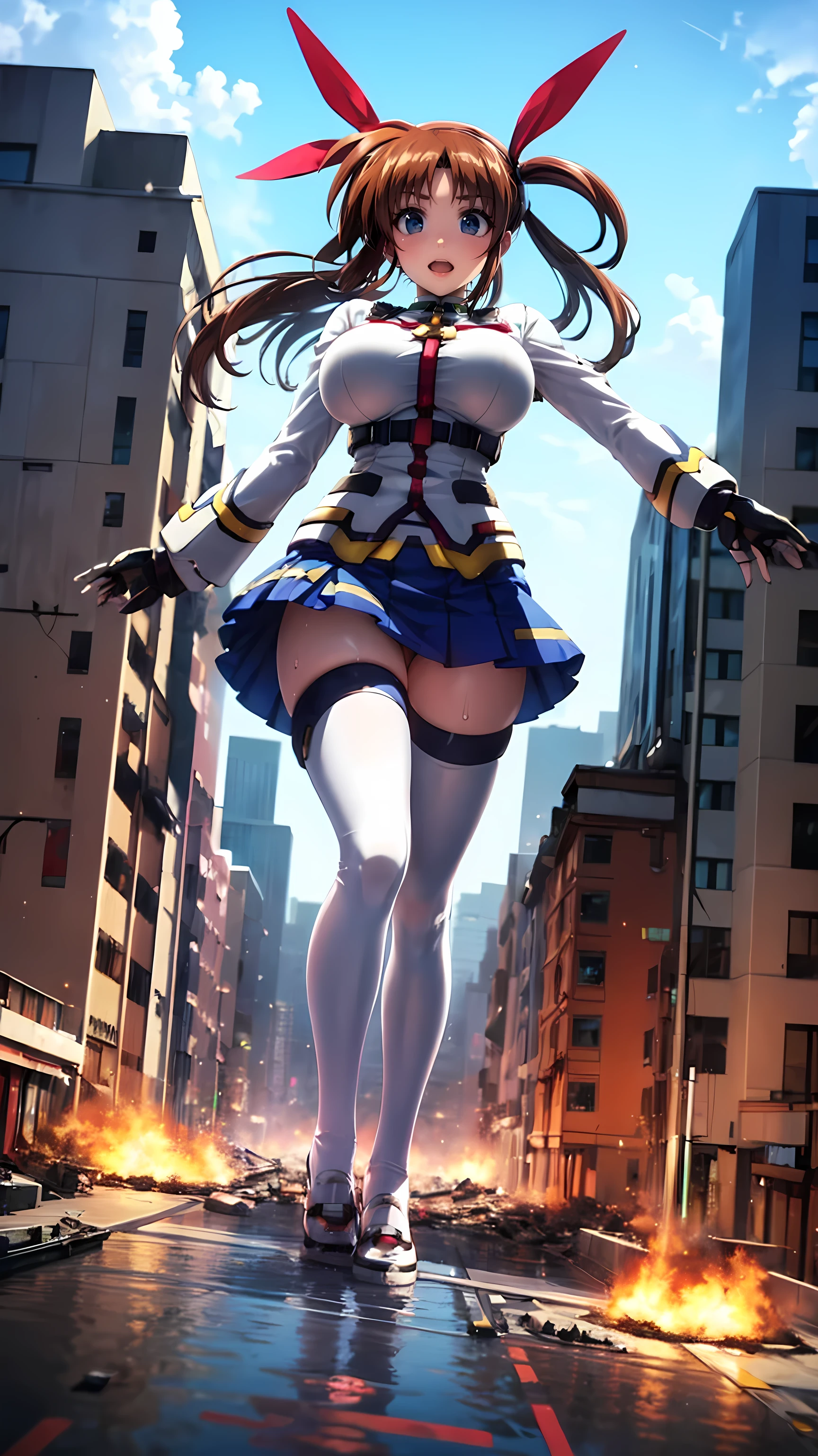 Lots of big explosions、fire、cigarette、Fisheye Lens、Looking at the camera、Embarrassed、Super huge breasts、Plump thighs、sweatを流す、High qualityHigh quality、8ｋ、(((A girl bigger than a skyscraper)))、Miniature city、Rubble Ruins、Best Quality,One girl,((Big Breasts:1.3)),((orgasm,blush,sweat,vapor:1.1)),((( Nanoha Takamachi, takamachi nanoha))), Brown Hair, Long Hair, ((Straight Hair:1.5)), blue eyes, gloves, Long sleeve, fingerless gloves, ((Magical Girl)), White Skirt, mini skirt, White knee socks,Under the skirt,White pants,Lace pants,Hollow, In the sky, blue sky, cloud,Floating Hair, Outdoor, wind((Magical Girl)), White Skirt, mini skirt, White knee socks,Under the skirt,White pants,Lace pants,Hollow, In the sky, blue sky, cloud,Floating Hair, Outdoor, wind、High qualityHigh quality、8ｋ、Low angle camera、(((mini skirt)))、((Raise one leg))、Megalopolis、A girl bigger than a skyscraper、Steampunk、Cyberpunk、Knee-high socks、((((Show your pants))))、(Super Sonico),walk、Toy Town、(((Toy Army)))、(((A lot of tanks)))、Full body description、Looking at the camera、Embarrassed、(((sweatを流す)))