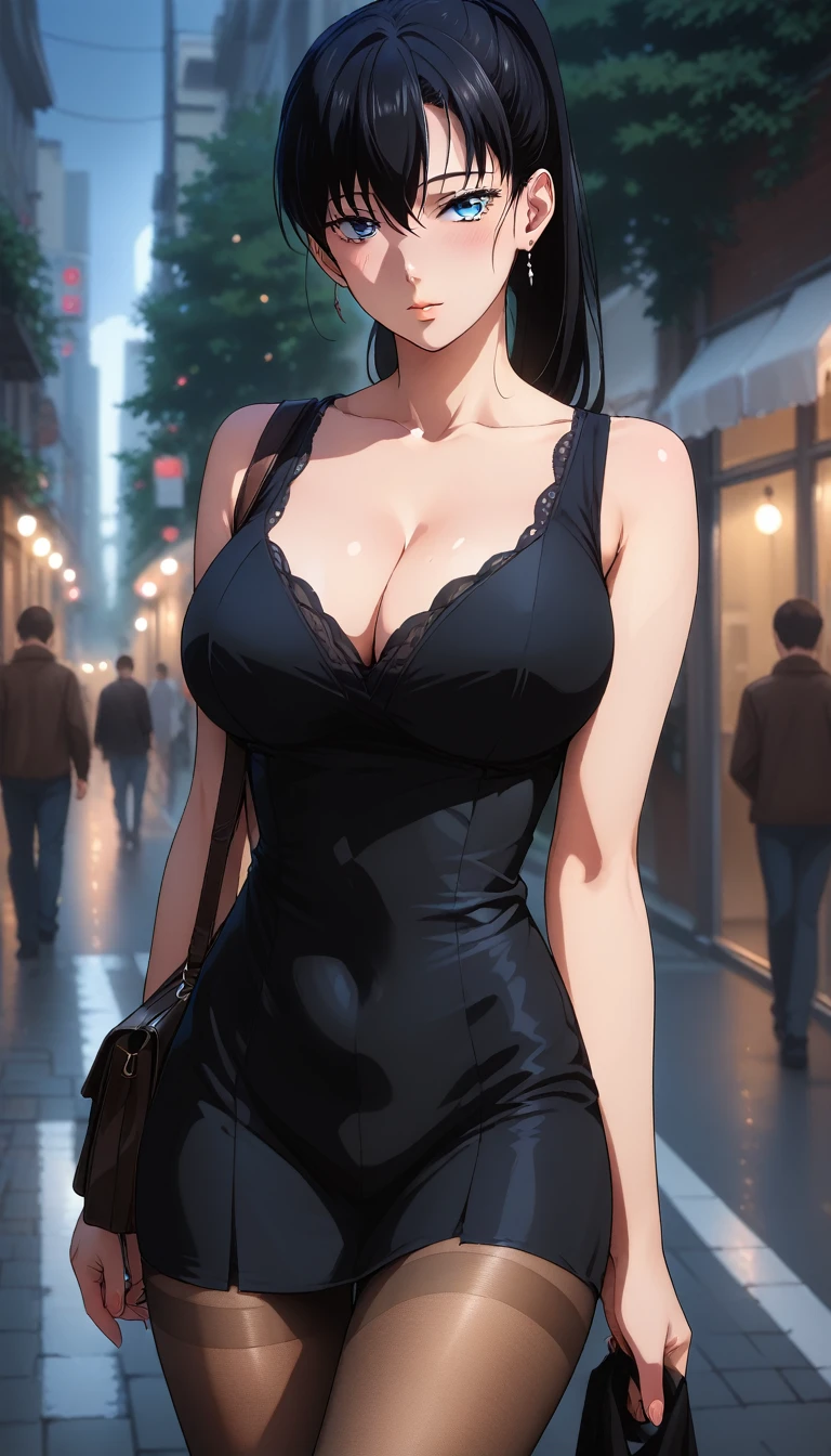 Whole body, score_9, score_8_up, score_7_up, score_6_up, uncensored, akira toudou, black hair high ponytail, blue eyes, hair between eyes, BREAK (masterpiece:1.2), best quality, high resolution, (detailed eyes:1.3), perfect lighting, (perfect hands, perfect anatomy), large breasts, standing, bare shoulders, cleavage, dress, black dress, dress tug, pantyhose, city, night, street,bag, holding 