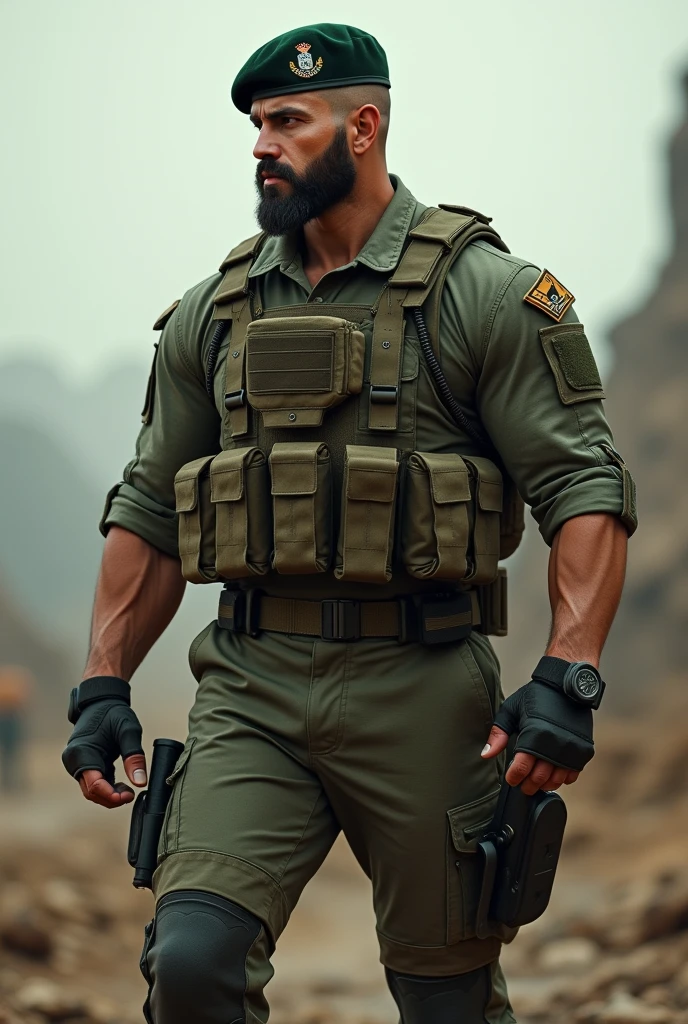 A very handsome big muscular man wearing a soldier combar uniform, with tactical gloves and spec ops green beret, rolled up sleeves, showing biceps, background a battlefield