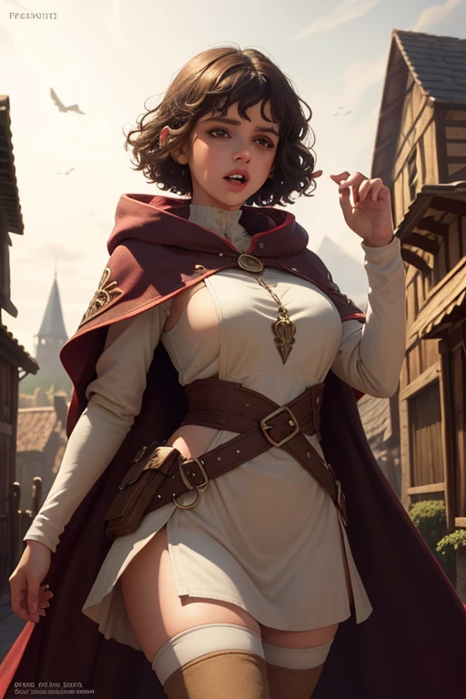 1girl, elf ears, brown eyes, short curly hair, open mouth, lipstick, wide-eyed expression, fantasy village, cloak, highly detailed, 8k, photorealistic, dramatic lighting, cinematic, fantasy art, vibrant colorsAnatomicamente correto, Preciso, Alta resolução, Obra-prima, Detalhes altos, 