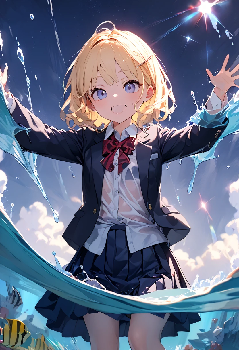 (8k, Best Quality, masterpiece: 1.2),Ultra-high resolution, 1 person, cute, Alone,Highly detailed face, Standing, blonde, blazer, shirt, blouse, ribbon, navy blueのシワ付スカート, navy blue, gothic long skirt, sea, sea水浴, Soaking wet, Splash, Water Play, Wet from head to foot, Splash, Submersion, Childish, The best smile, date, Excited, Water droplets on the body, Water up to my chest, Standing, 