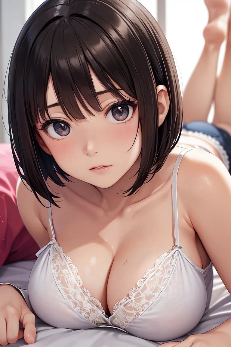 (Lace Camisole,sleek bob cut:1.3),(****,12years old,high resolution, 8k, ultra sharp details, clear facial expressions,upturned eyes:1.3),a woman with a rugged scar on his cheek and tousled, dark brown hair,(photographer's lover, She truly loves photographer,,lying on belly:1.3),(glistening skin:1.3),plunging necklines,bursting breast,cleavage,Browsing Caution,Highest quality,Ultra-high resolution,1 person,whole body,Black hair, cool expression,Looking into the camera,Beautiful and elaborate face,Fine and beautiful skin,Skin Texture