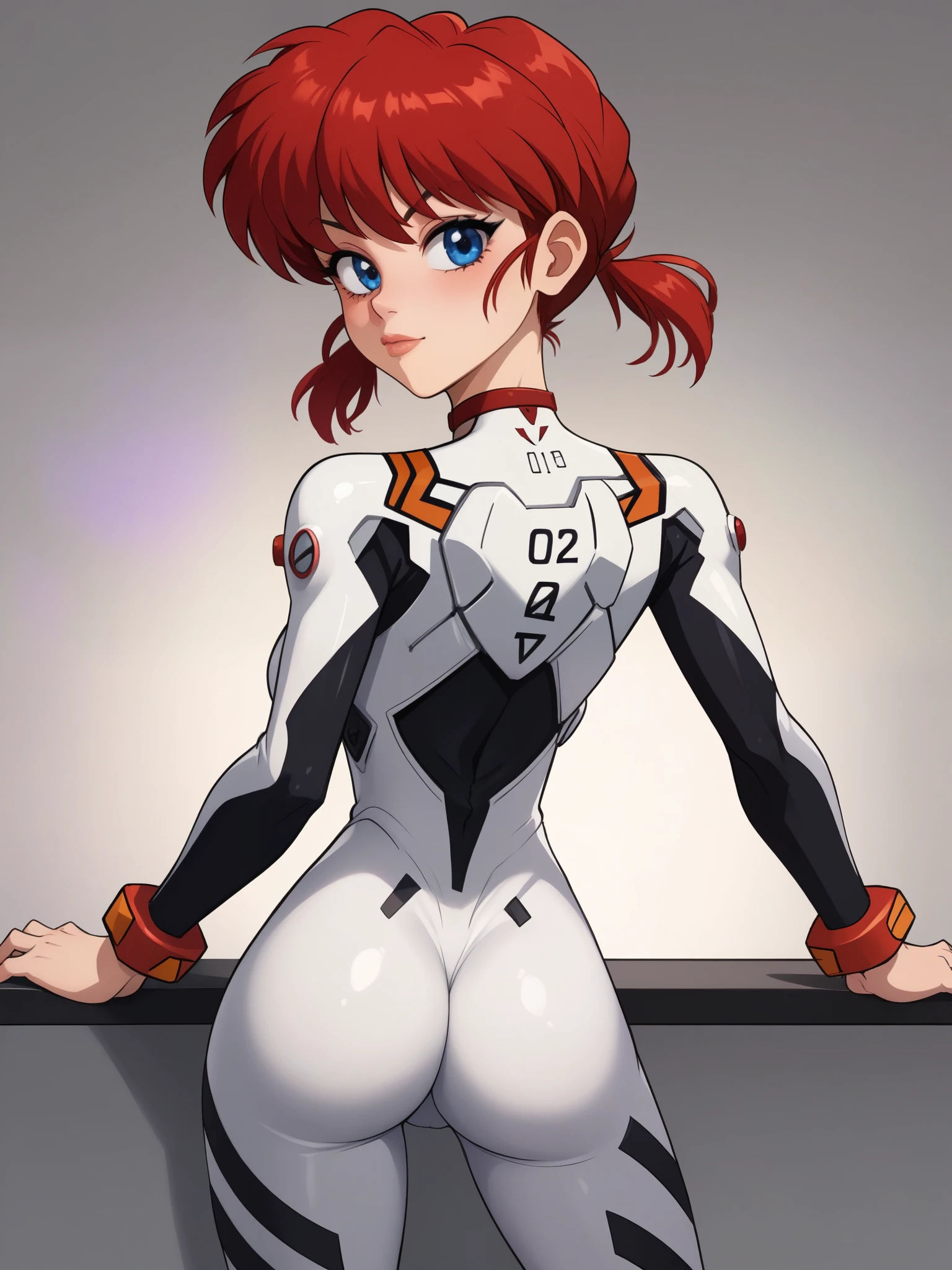 Ranma Saotome. red hair. Blue eyes. pigtail. small saggy breasts. hige hips. slim dody. choker. evangelion suit. black eyeliner. pink manicure. bar. rear view
