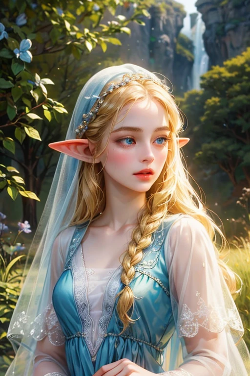 A young elf princess, female elf, long blonde braided hair, celestial blue eyes, thin lips, delicate round face, very small breasts, beautiful and delicate body, white skin, wearing elf princess clothes, 1 elf nymph, beautiful detailed eyes, beautiful detailed lips, extremely detailed eyes and face, long eyelashes, portrait, fantasy, digital painting, concept art, cinematic lighting, vibrant colors, soft lighting, warm colors, highly detailed, intricate, photorealistic, 8k, best quality, masterpieceObra-prima, Anatomicamente correto, Preciso, Alta resolução, Detalhe, Ilustração, 