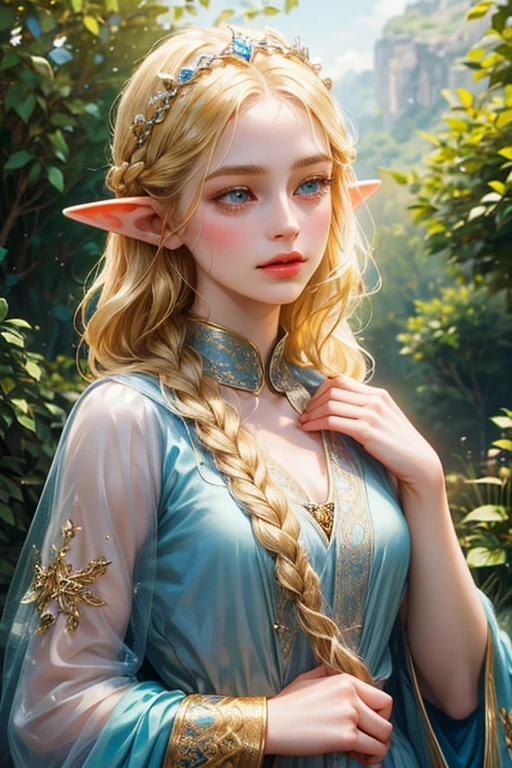 A young elf princess, female elf, long blonde braided hair, celestial blue eyes, thin lips, delicate round face, very small breasts, beautiful and delicate body, white skin, wearing elf princess clothes, 1 elf nymph, beautiful detailed eyes, beautiful detailed lips, extremely detailed eyes and face, long eyelashes, portrait, fantasy, digital painting, concept art, cinematic lighting, vibrant colors, soft lighting, warm colors, highly detailed, intricate, photorealistic, 8k, best quality, masterpieceObra-prima, Anatomicamente correto, Preciso, Alta resolução, Detalhe, Ilustração, 