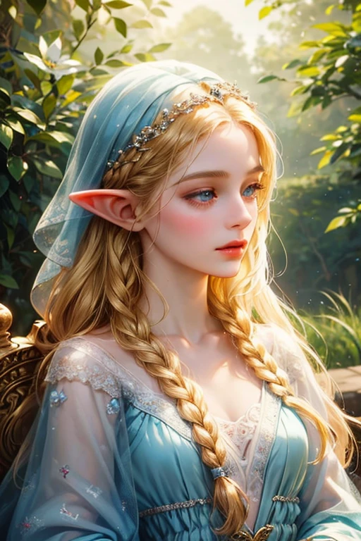 A young elf princess, female elf, long blonde braided hair, celestial blue eyes, thin lips, delicate round face, very small breasts, beautiful and delicate body, white skin, wearing elf princess clothes, 1 elf nymph, beautiful detailed eyes, beautiful detailed lips, extremely detailed eyes and face, long eyelashes, portrait, fantasy, digital painting, concept art, cinematic lighting, vibrant colors, soft lighting, warm colors, highly detailed, intricate, photorealistic, 8k, best quality, masterpieceObra-prima, Anatomicamente correto, Preciso, Alta resolução, Detalhe, Ilustração, 