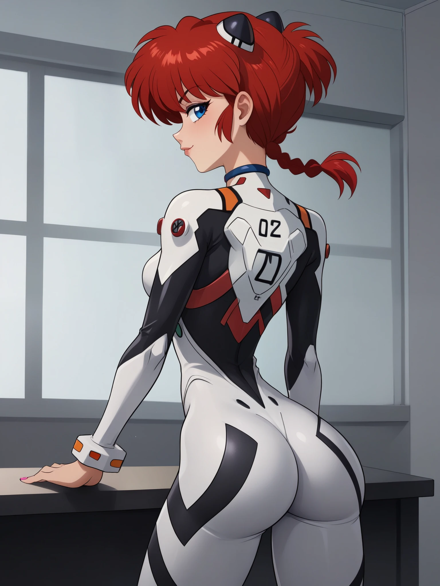 Ranma Saotome. red hair. Blue eyes. pigtail. small saggy breasts. hige hips. slim dody. choker. evangelion suit. black eyeliner. pink manicure. bar. rear view
