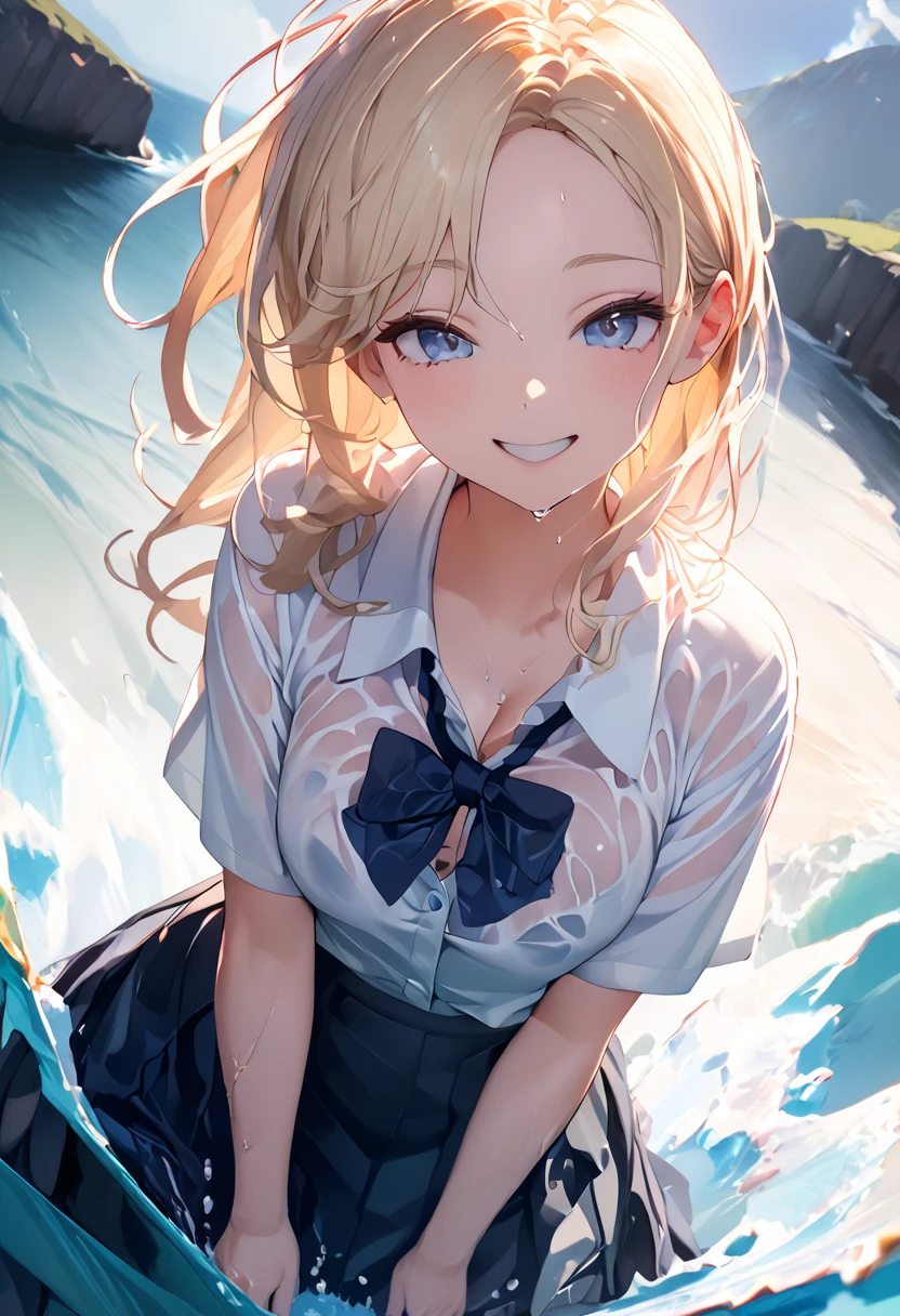 (8k, Best Quality, masterpiece: 1.2),Ultra-high resolution, 1 person, cute, Alone,Highly detailed face, Standing, blonde, blazer, shirt, blouse, ribbon, navy blueのシワ付スカート, navy blue, gothic long skirt, sea, sea水浴, Soaking wet, Splash, Water Play, Wet from head to foot, Splash, Submersion, Childish, The best smile, date, Excited, Water droplets on the body, Water up to my chest, Standing, 