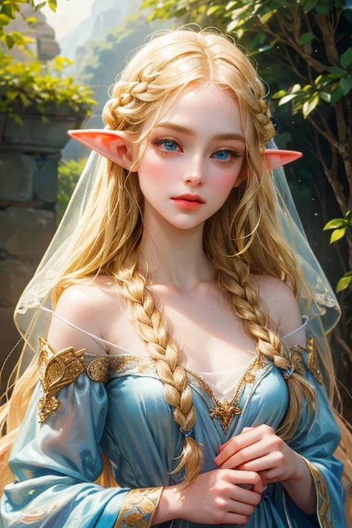 A young elf princess, long blonde braided hair, celestial blue eyes, thin lips, delicate round face, very small breasts, beautiful and delicate body, white skin, wearing elf princess clothes, 1 elf nymph, beautiful detailed eyes, beautiful detailed lips, extremely detailed eyes and face, long eyelashes, portrait, fantasy, digital painting, concept art, cinematic lighting, vibrant colors, soft lighting, warm colors, highly detailed, intricate, photorealistic, 8k, best quality, masterpiece