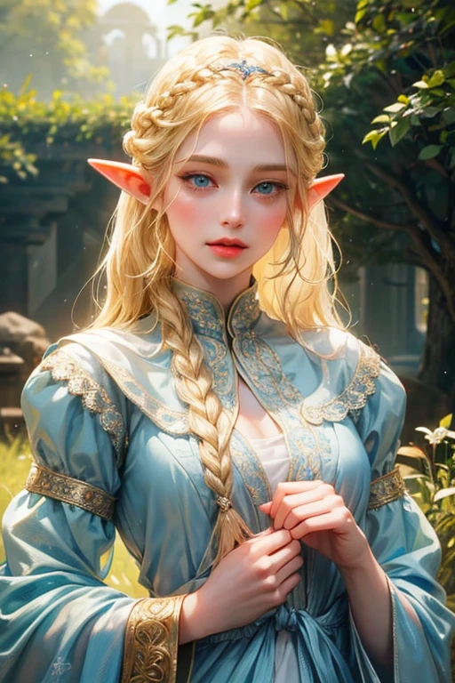 A young elf princess, long blonde braided hair, celestial blue eyes, thin lips, delicate round face, very small breasts, beautiful and delicate body, white skin, wearing elf princess clothes, 1 elf nymph, beautiful detailed eyes, beautiful detailed lips, extremely detailed eyes and face, long eyelashes, portrait, fantasy, digital painting, concept art, cinematic lighting, vibrant colors, soft lighting, warm colors, highly detailed, intricate, photorealistic, 8k, best quality, masterpiece