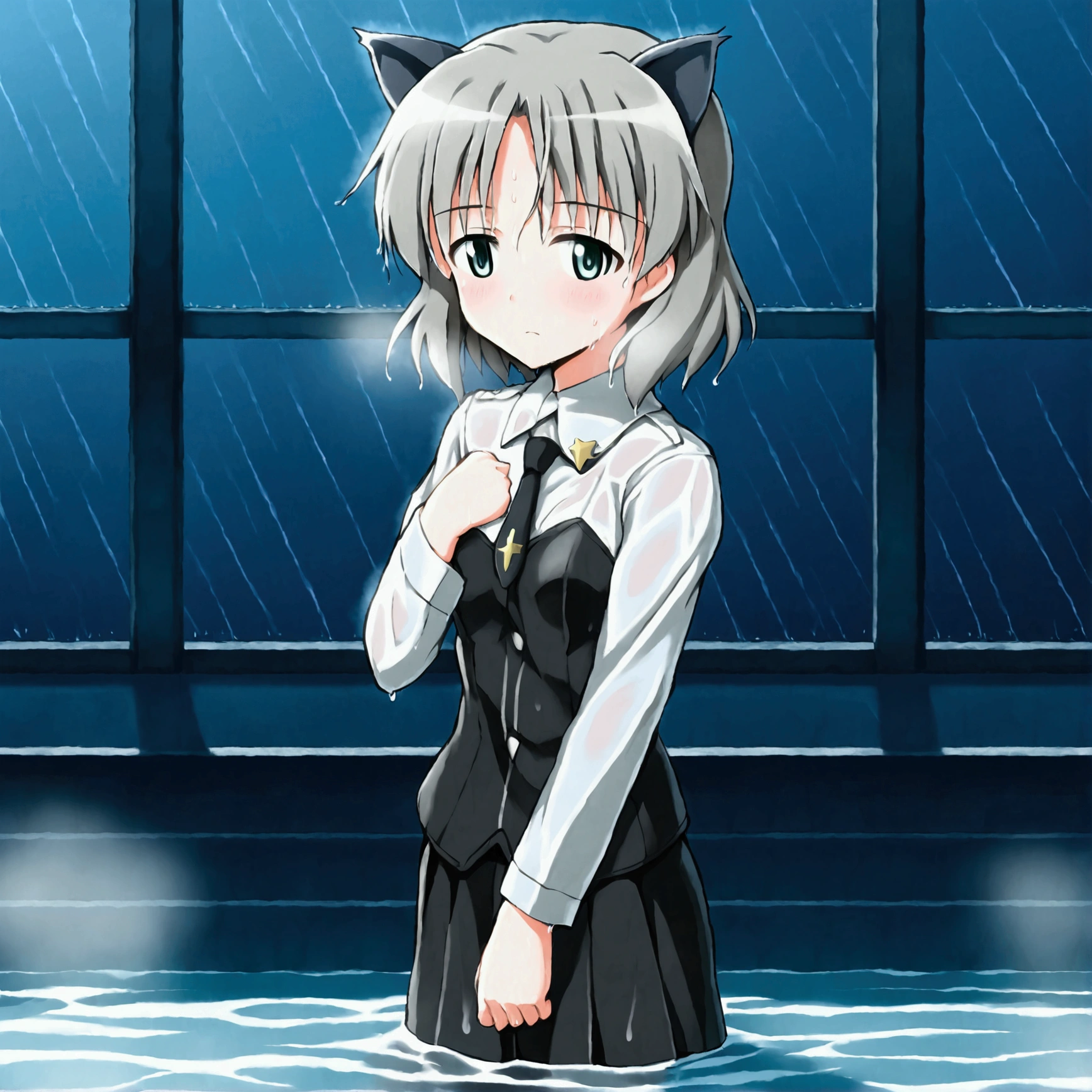 (8k, Best Quality, Anime Style, View your viewers, Intricate details:1.3),(One woman, Strike Witches Sanya, Possessing a firearm,uniform), (Striker Unit, Sweating, The whole body is visible, Being hit by rain, Soaking wet, In the air)