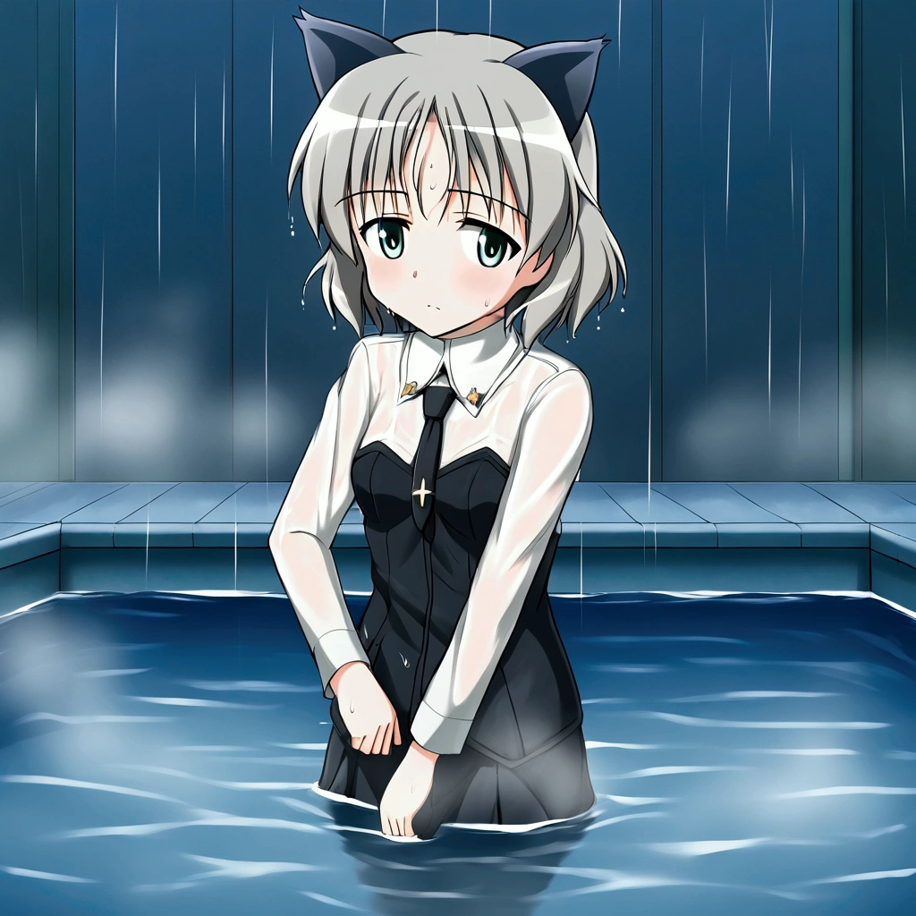 (8k, Best Quality, Anime Style, View your viewers, Intricate details:1.3),(One woman, Strike Witches Sanya, Possessing a firearm,uniform), (Striker Unit, Sweating, The whole body is visible, Being hit by rain, Soaking wet, In the air)