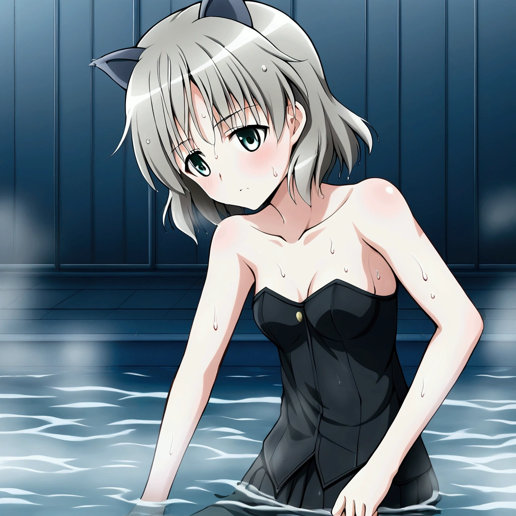 (8k, Best Quality, Anime Style, View your viewers, Intricate details:1.3),(One woman, Strike Witches Sanya, Possessing a firearm,uniform), (Striker Unit, Sweating, The whole body is visible, Being hit by rain, Soaking wet, In the air)