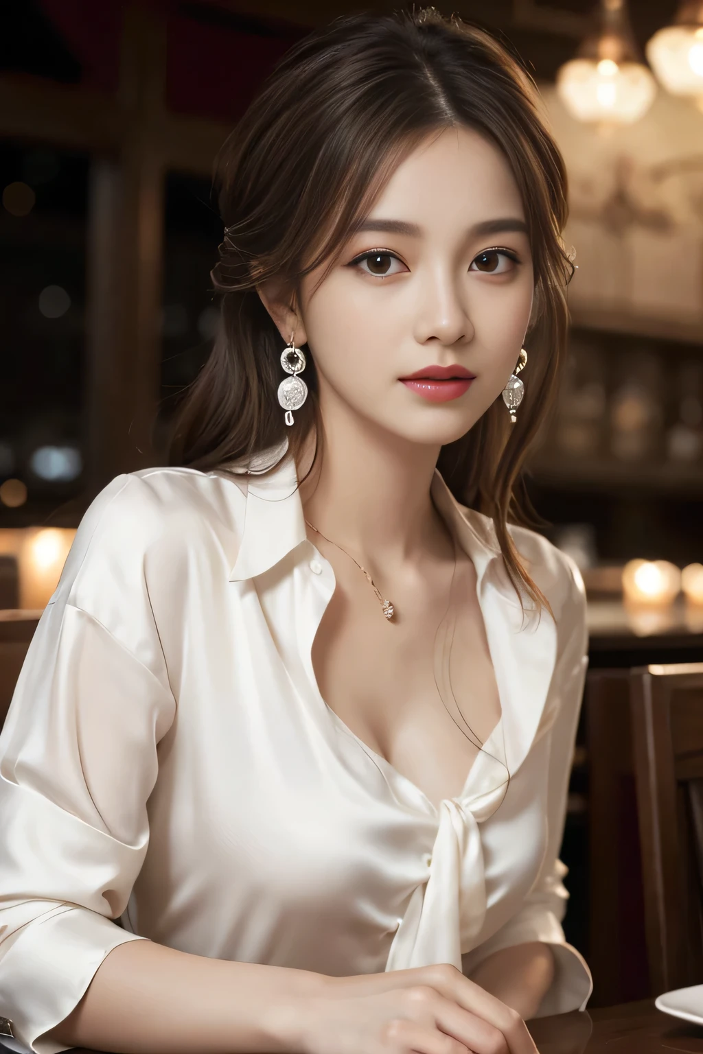 masterpiece, Highest quality, Realistic, Very detailed, Finer details, High resolution, 8k wallpaper, One beautiful woman, Wear a nice suit, In a great restaurant, At night, Light brown messy hair, Perfect dynamic composition, Beautiful and beautiful eyes、Big earrings、Sit on a chair、