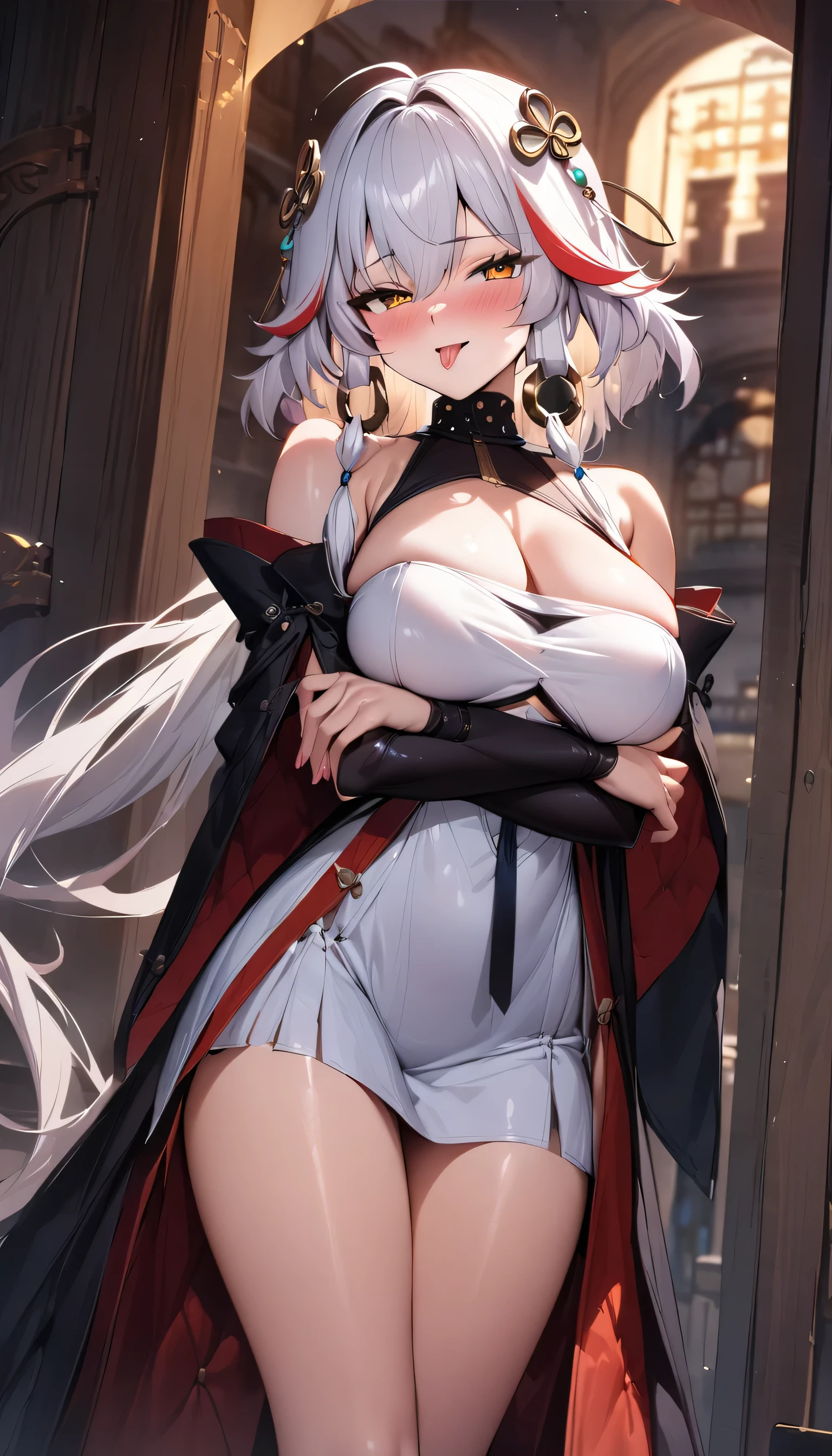 (masterpiece),(best quality),(ultra-detailed),(best illustration),(best shadow),(absurdres),(detailed background),(very aesthetic), changli(wuwa), 1girl,1 boyfriend breasts, solo, dress, cleavage, orange eyes, looking at viewer, bare shoulders, white dress, big breasts, blush, red hair, streaked hair, white hair, seductive smile, from the front, cowboy shot, crossed arms, medieval city background, night, kisses with boyfriend and orgasm,in bathroom,Thick  on his tongue