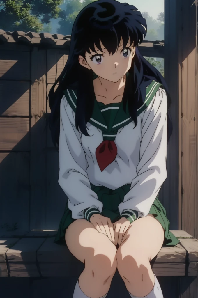 (Masterpiece: 1.6, Best Quality), (Fine Beautiful Eyes: 1.2), (best quality, masterpiece, highres), kagome higurashi, ((nsfw)), 1girl, solo, green school uniform, soft thighs , long sleeves, white socks, sitting, scenery, legs apart, spread legs, pussy, pantyless, embarrassed, looking away, 