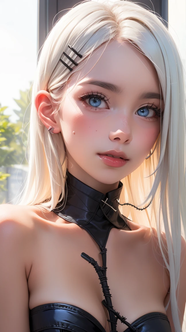 1 girl, Adult women,  Solitary, g0ld3mb, air, (platinum blonde hair) hair, Ji Qie, (kawaii hair clips:1.2)    high quality, best quality, high resolution, High Detail, (airen aura magic), hair uplifted, trumpet,Beautiful young white-haired woman，With sharp red blue eyes, Half smile，Full lips, Black nails, Barbed wire everywhere(Curled black barbed wire),lue eyes,blue eyes, (different eyes), (Heterochromia) desnuda orinando