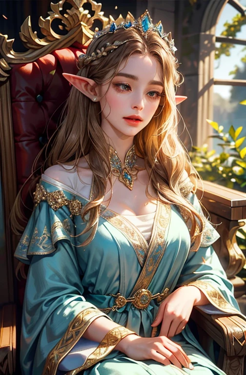 elegant elf queen with tiara crown, long silky light brown hair, elf ears, almond eyes, thin lips, round face, large breasts, sitting on oak throne, wearing elven royal robes, stunningly beautiful, imposing and majestic appearance, inside palace, masterpiece, perfect art, detailed character, flawless free scene, dutch angleObra-prima, Anatomicamente correto, Alta resolução, Preciso, Melhor qualidade, Detalhes altos, 