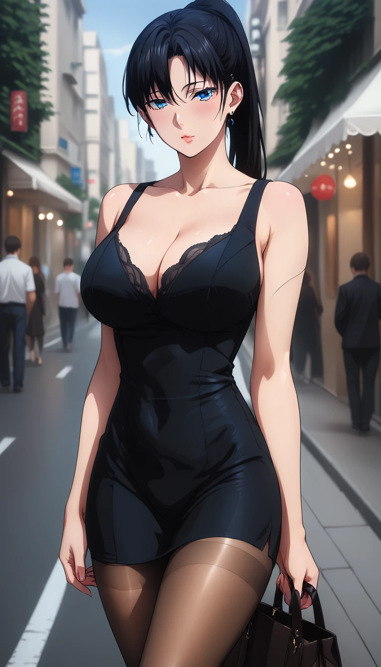 Whole body, score_9, score_8_up, score_7_up, score_6_up, uncensored, akira toudou, black hair high ponytail, blue eyes, hair between eyes, BREAK (masterpiece:1.2), best quality, high resolution, (detailed eyes:1.3), perfect lighting, (perfect hands, perfect anatomy), large breasts, standing, bare shoulders, cleavage, dress, black dress, dress tug, pantyhose, city, night, street,bag,  