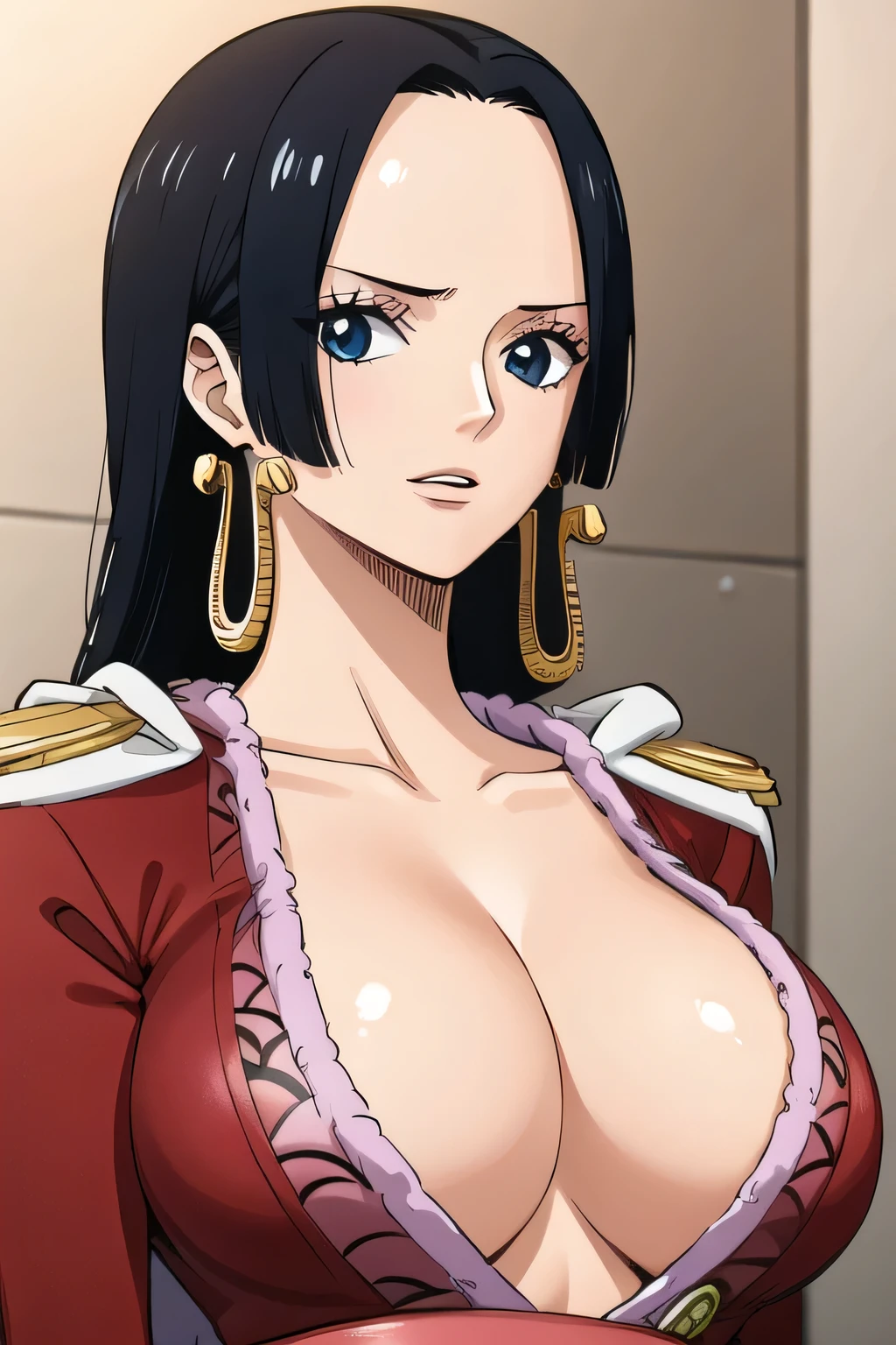 1girl, female, solo, boa hancock, jewelry, earrings, cleavage, police unifrom, 