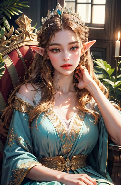 elegant elf queen with tiara crown, long silky light brown hair, elf ears, almond eyes, thin lips, round face, large breasts, sitting on oak throne, wearing elven royal robes, stunningly beautiful, imposing and majestic appearance, inside palace, (best quality,4k,8k,highres,masterpiece:1.2),ultra-detailed,(realistic,photorealistic,photo-realistic:1.37),Obra-prima, Anatomicamente correto, Alta resolução, Preciso, Melhor qualidade, Detalhes altos, portrait, hyperrealistic, high fantasy, fantasy, digital art