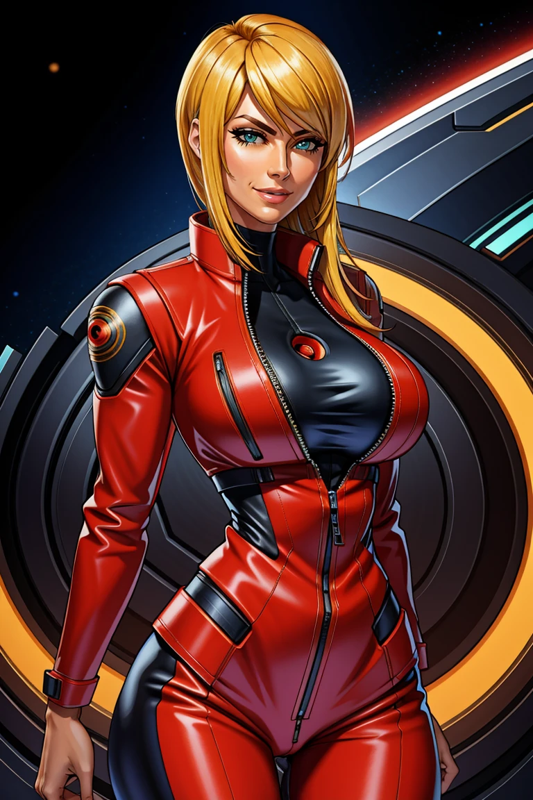 Samus Aran,ultra-quality,Photorealsitic,a red jacket,Black leather pants,An ultra-high picture quality,Digital SLR,Based on anatomical grounds,Depicted in detail,((flat breast:0.5)),A slight smil,Detailed face,