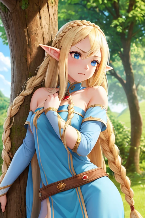 a beautiful elf princess with long braided blonde hair, elf ears, blue eyes, thin lips, round face, medium breasts, wearing a red tunic, angry expression, arms tied to a tree trunkObra-prima, Anatomicamente correto, Preciso, Melhor qualidade, Detalhe, 