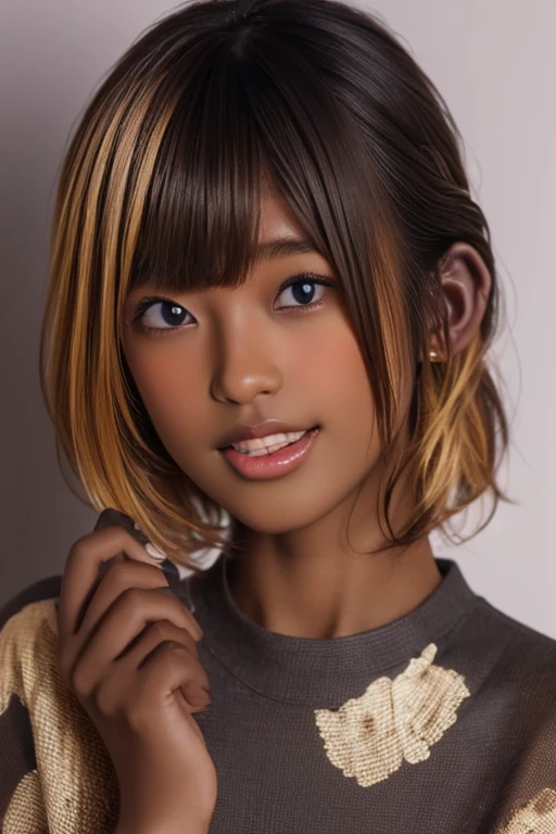 one girl, (((Open your mouth)))、Put your hand over your mouth、Beautiful 、 Brown eyes, ((Gal Hairstyles)) blonde, girl, (Eye and facial details:1.0), break, (masterpiece, Highest quality, Very detailed, Detailed face, 8k),( dark skin:1.95 )