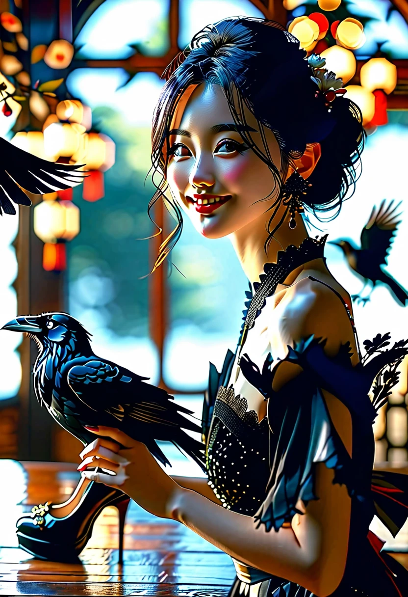 (playing with a raven:1.4).Beautiful Japanese woman, Short, beautiful figure, cute butt. elegant black dress, high heels, (smile). Masterpiece, best quality,(highly detailed:1.2),(detailed face and eyes:1.2), 8k wallpaper, natural lighting. core shadows, high contrast, bokeh.