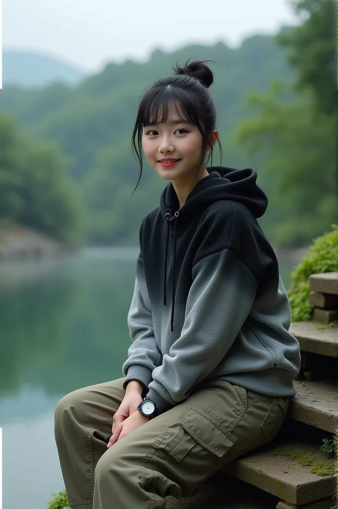 ((masutepiece, Best Quality,top-quality)),1girl in, Solo,(((Realistic depiction underwater,refractive index,Realistic refractive index,hot spring town,rivers,Relax in a river-like foot bath,Footbath in the hot spring town))),Twin braids、Braids divided into left and right、Loosely braided braid、Brown Pantyhose Skirt,Long Sleeve Pile Fabric Hoodie,She wears a long-sleeved hoodie.、Only the fingertips stick out.,Light blue hoodie,Relax in the pavilion,plein air,footbath,
