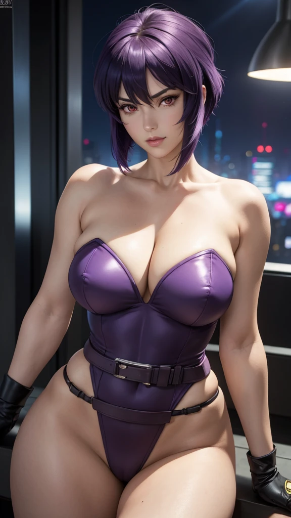 jambes grasses, gros seins, sourire, (extremely fine and beautiful:1.1), (perfect details:1.1), (finely detailed eyes and detailed face:1.3), Motoko Kusanagi, Ghost in the shell, short hair, purple hair, red eyes, black fingerless gloves, purple leotard, short hair, cleavage, highleg leotard, night, city, cyberpunk, science fiction, Legs spread wide to show crotch:1.5