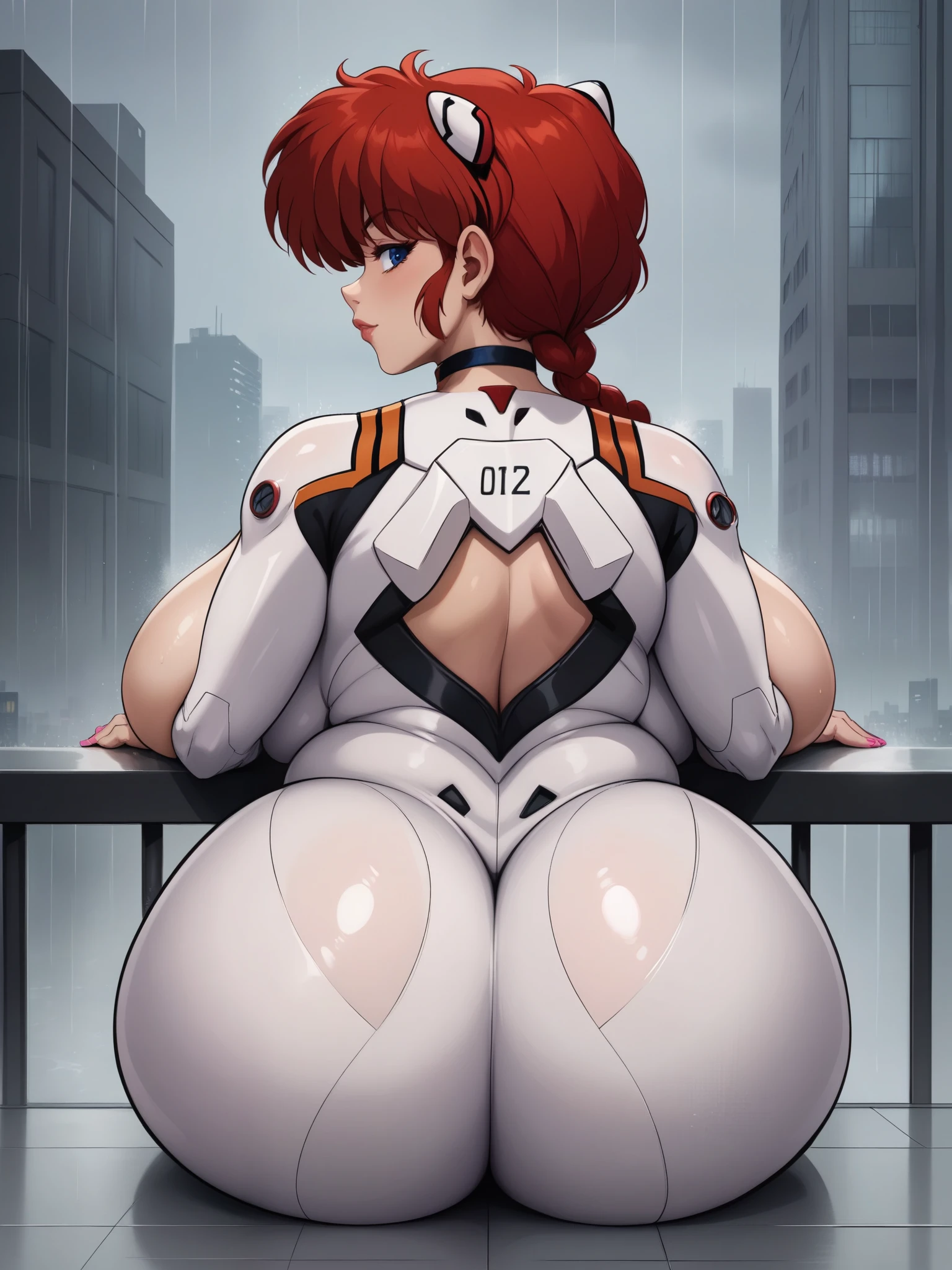 Ranma Saotome. red hair. Blue eyes. pigtail. huge saggy breasts. hige hips. bbw. choker. red-black evangelion suit. black eyeliner. pink manicure. city. rain. rear view. sitting
