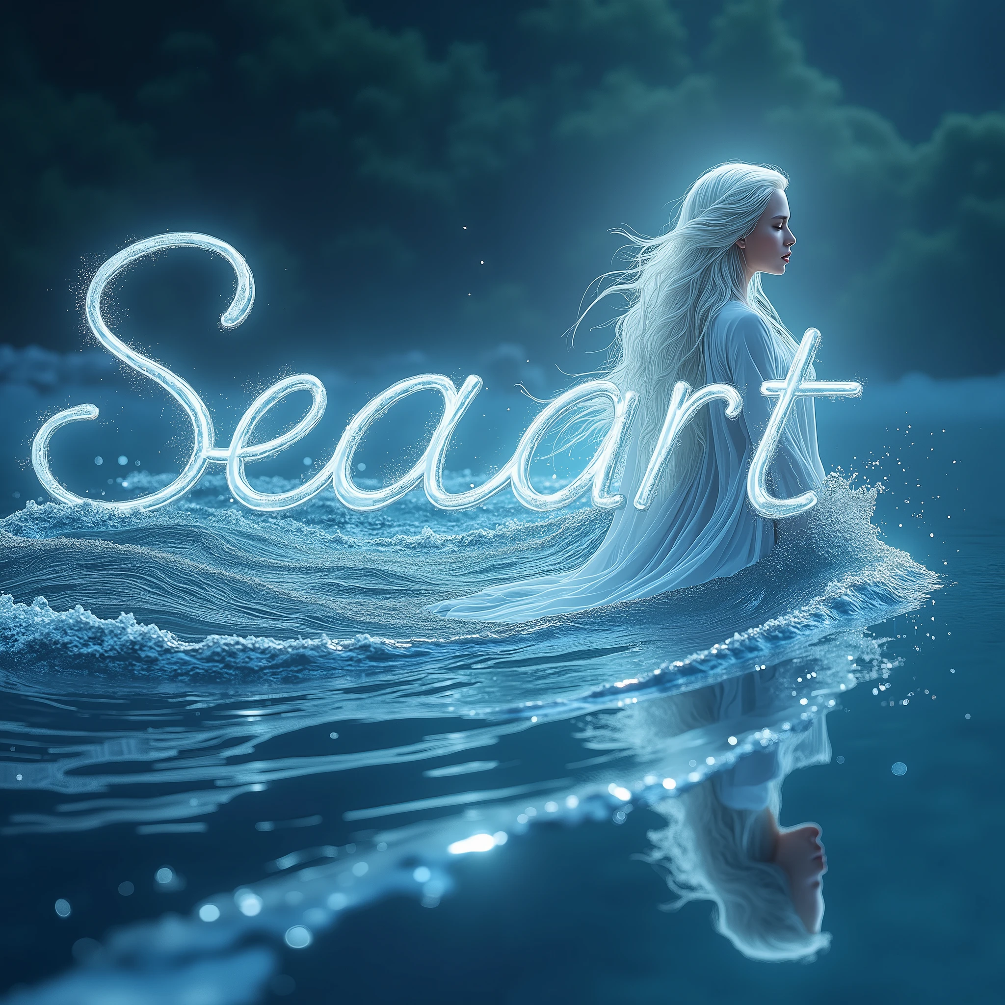 Picture a striking typography poster blending the ethereal essence of Undine with the dynamic flow of the Seaart logo, visualized as running water. The logo, resembling a river in motion, curls like ocean waves, reflecting water's fluidity. Each stroke is smooth and reflective, capturing light as liquid silver.

Undine is subtly integrated in the background, a ghostly figure emerging from the water, her hair and dress flowing into the streams forming the logo. Her oceanic gaze adds depth, while droplets and mist link her presence to the logo, as if she animates it.

The bold caption "Unlimited A.I. Imaginations" appears in sleek, futuristic typography. The letters, spaced evenly, mimic the fluidity of water without sacrificing readability. The text floats on the surface, with gentle ripples reflecting around it.

The cool color palette of blues, silvers, and teals shifts from deep ocean tones to lighter hues, capturing water's changing nature and the limitless imagination of A.I., while hints of light enhance the feeling of water reflecting sunlight. The composition brims with mystical energy, merging Undine's spirit with the bold creativity of the Seaart logo.