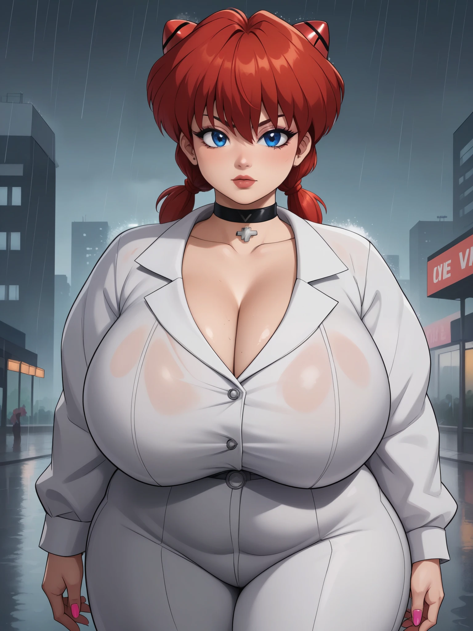 Ranma Saotome. red hair. Blue eyes. pigtail. huge saggy breasts. hige hips. bbw. choker. evangelion suit. black eyeliner. pink manicure. city. rain. 
