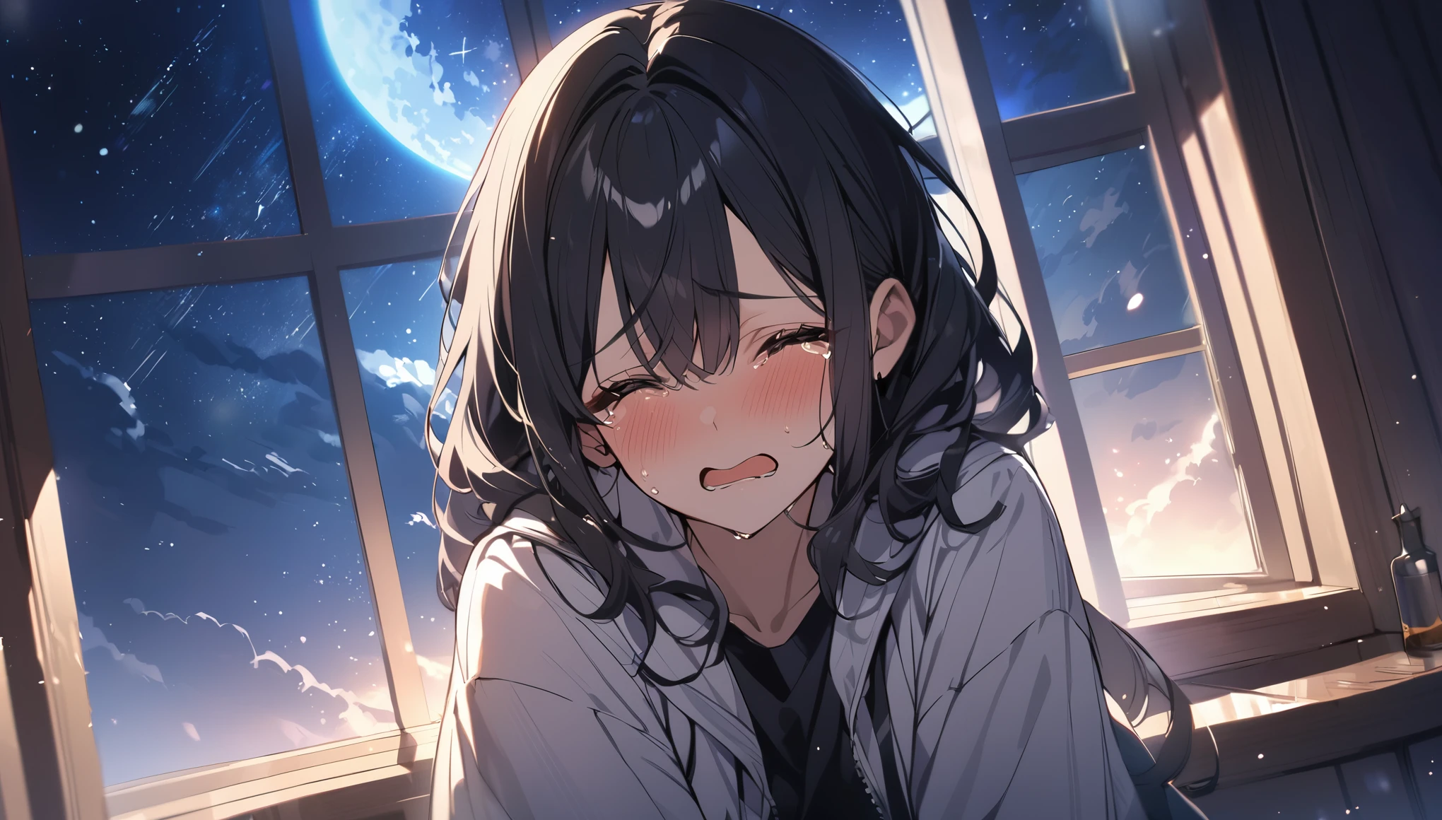 Highest quality, Girl in tears, Black Hair,In front of a large window,Starry Sky