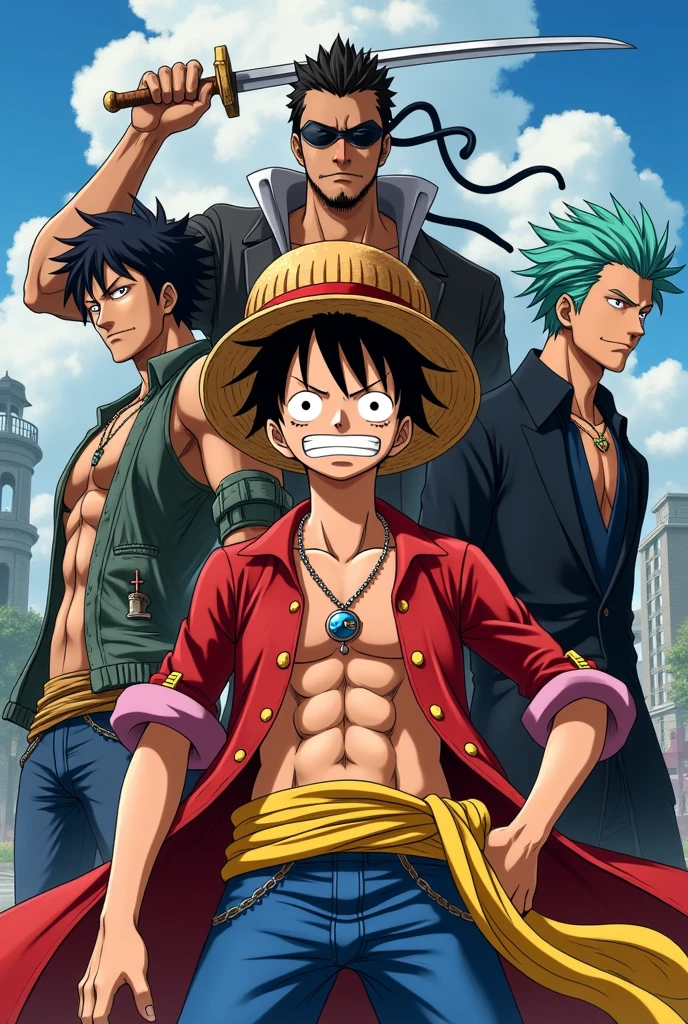 Anime characters wearing hats and fists in the air, with sun glasses, Luffy, Macaco D Luffy, Luffy (one piece, Macaco D. Luffy, digital advanced anime art ", Art Style a piece, anime epic artwork, Epic anime style, Engrenagem Luffy 5 com oculos, epic full color illustration, from one piece, arte oficial, inspirado em Eiichiro Oda, Arte da sede, fanart detalhado