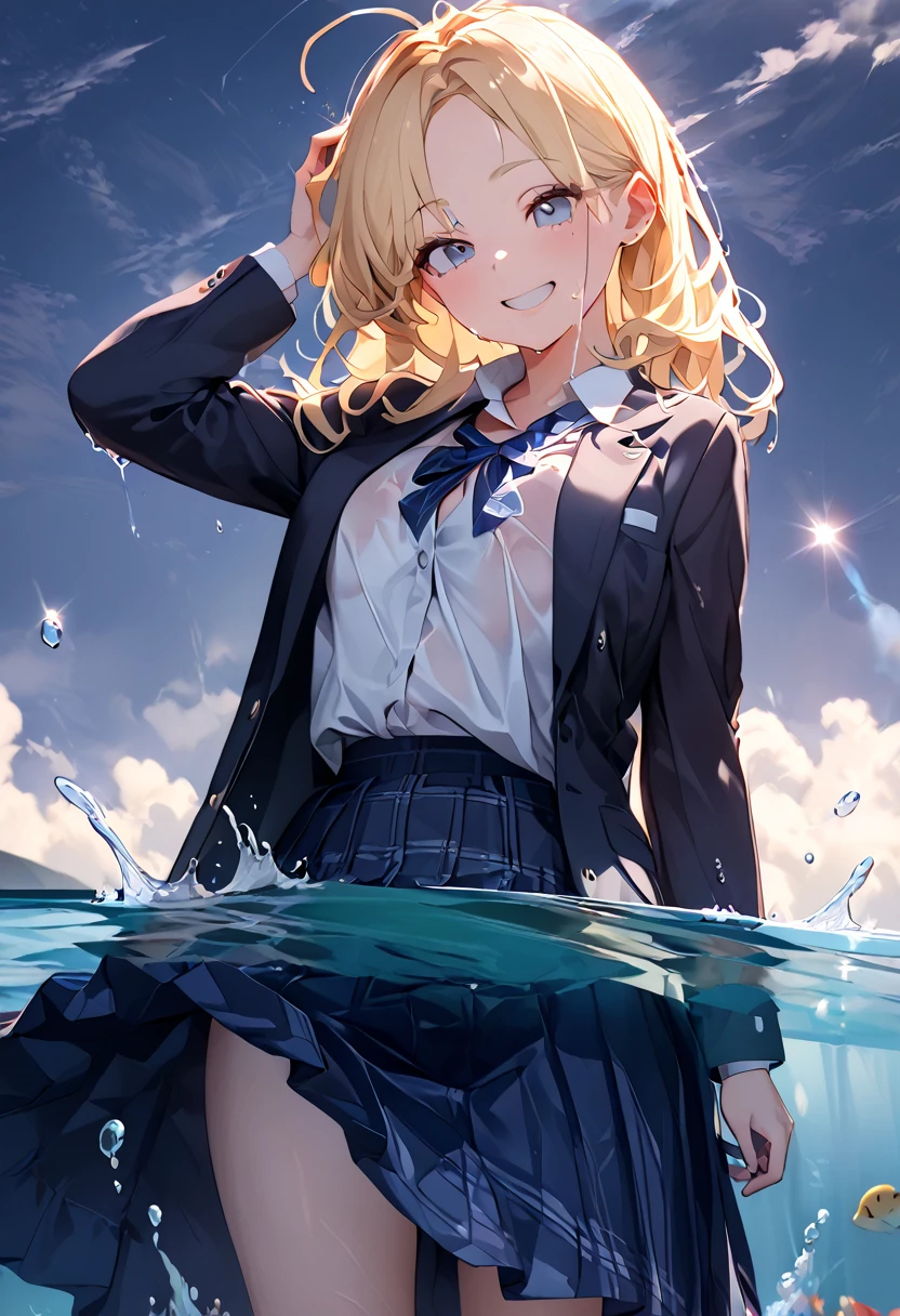 (8k, Best Quality, masterpiece: 1.2),Ultra-high resolution, 1 person, cute, Alone,Highly detailed face, Standing, blonde, blazer, shirt, blouse, ribbon, navy blueのシワ付スカート, navy blue, gothic long skirt, sea, sea水浴, Soaking wet, Splash, Water Play, Wet from head to foot, Splash, Submersion, Childish, The best smile, date, Excited, Water droplets on the body, Water up to my chest, Standing, 