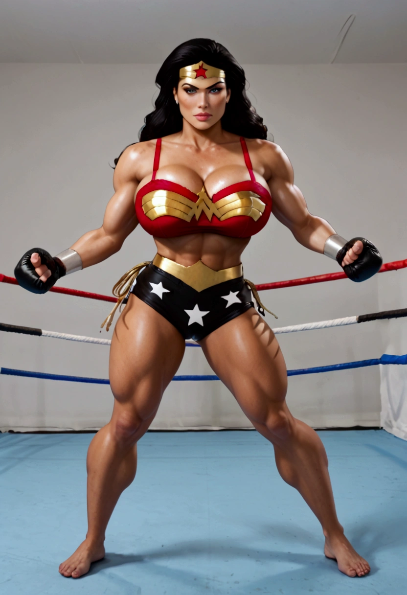 Young woman 30 years old , black hair, , perfect body, Athletic, black leather shorts , barefoot, wrestling pose , red bra , white skin color , (( big breasts)) , (( big ass)) NSFW , don&#39;t hide your groin, in a boxing ring , focus on the ass , looking at the viewer, barefoot , boxing gloves , intricate fine details, cowboy shot, masterpiece , wonder woman  caracter DC , fighter , intentional