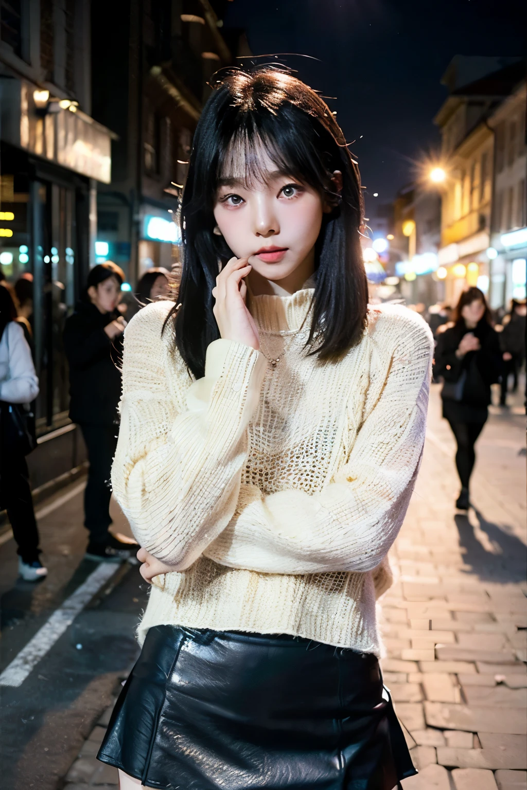 ((Masterpiece, high quality, ultra detailed, photorealistic, 8K)),  1 Korean girl, black hair, hush cut hair with full bangs, thin cheeks, black long sweater oversized, mini black skirt cute eyes, Kari a Aespa, random poses, in the town, best photoshoot, Kpop, (wearing accessories), perfect body, perfect eyes, perfect face