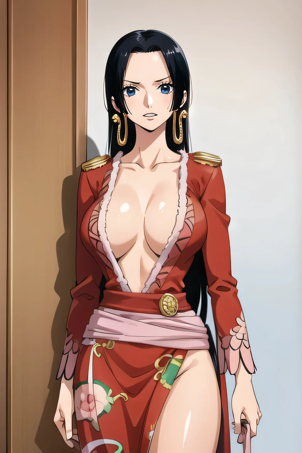 1girl, female, solo, boa hancock, jewelry, earrings, cleavage, standing.