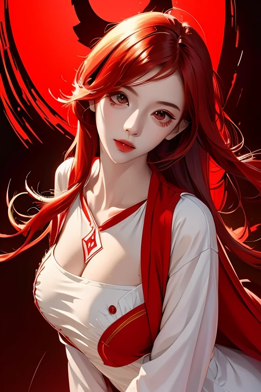 a beautiful anime girl with red tunic and skirt, white shirt, long eyelashes, detailed face, possessed expression, Alone, sexy pose, 2D illustration, 8k, HDRSolo, masterpiece, anatomically correct, high resolution, Necessary, best quality, high quality, 