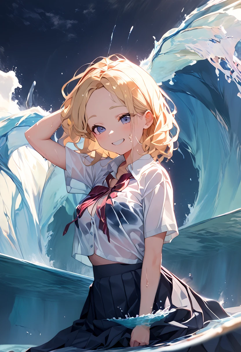 (8k, Best Quality, masterpiece: 1.2),Ultra-high resolution, 1 person, cute, Alone,Highly detailed face, Standing, blonde, blazer, shirt, blouse, ribbon, navy blueのシワ付スカート, navy blue, gothic long skirt, sea, sea水浴, Soaking wet, Splash, Water Play, Wet from head to foot, Splash, Submersion, Childish, The best smile, date, Excited, Water droplets on the body, Water up to my chest, Standing, 