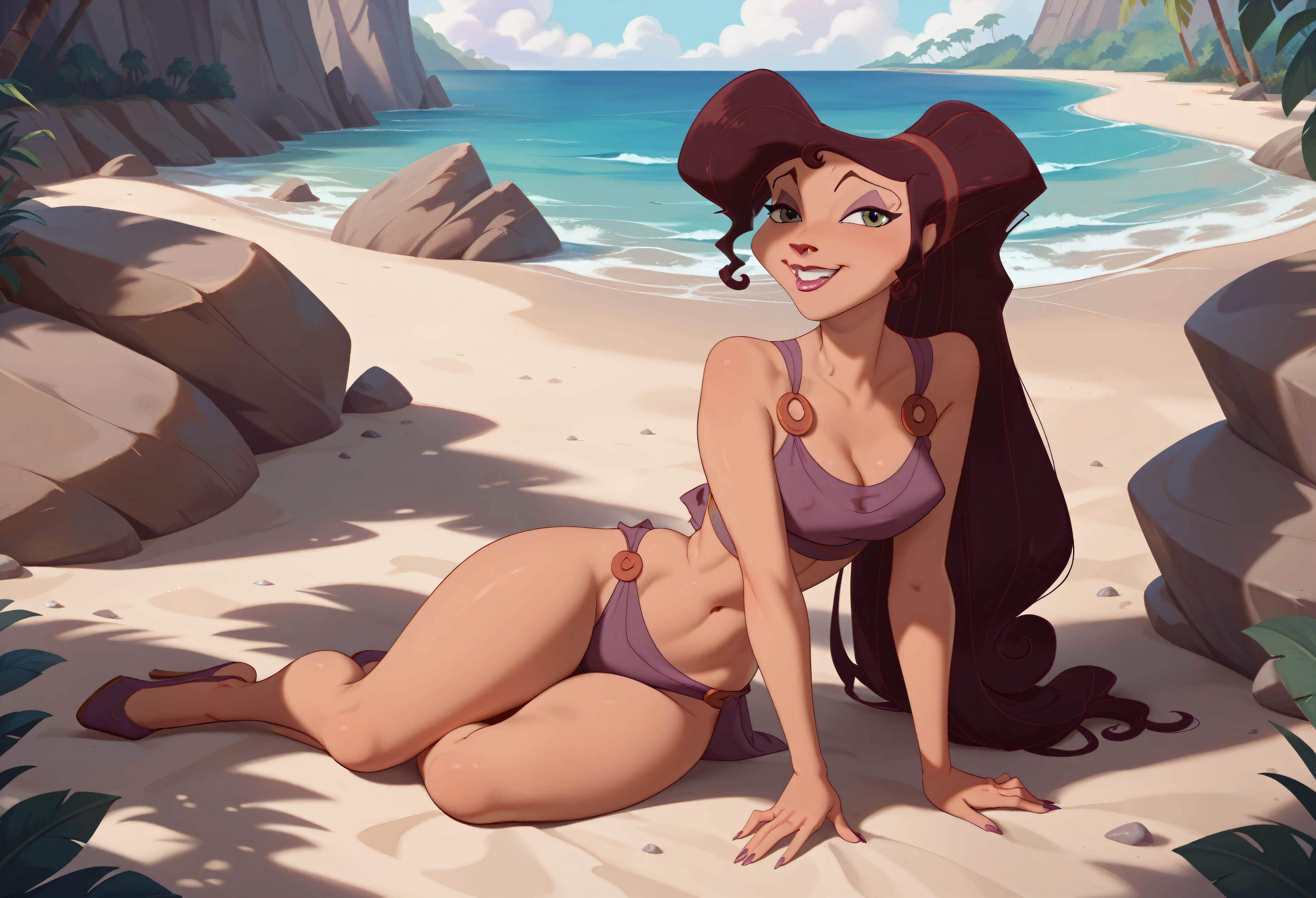 NSFW, Megara, full body, sexy, flirting, beside a (furry white bull) on a deserted rocky beach
