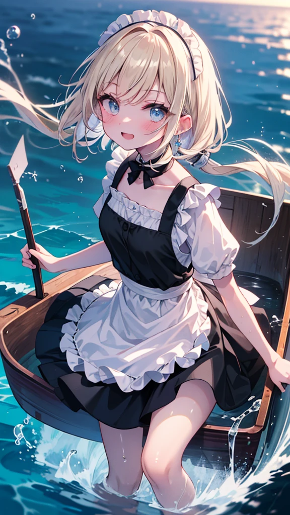 (8k, Best Quality, masterpiece: 1.2),Ultra-high resolution, 1 person, solo,Highly detailed face, Apron dress, Black Dress, White apron, black and white maid outfit, Random Hairstyles、Gay Hair, Rowing boat、lake、sunlight, clavicle, Ecstatic expression,Sparkling、Splash, Overall image, Flooding, 