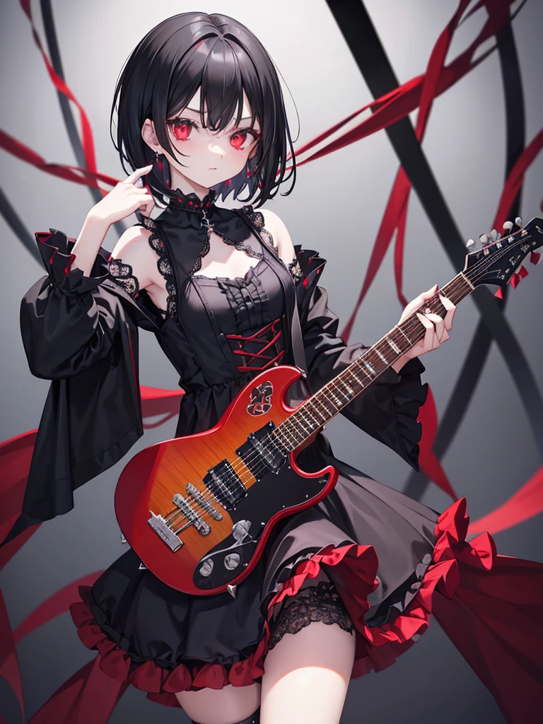 swedish metal rock girl holding a guitar, intense stare into camera, with gothic make-up, intricate details, highly detailed eyes, fancy hair and dark gothic dress, flash photo, on stage, intricate details