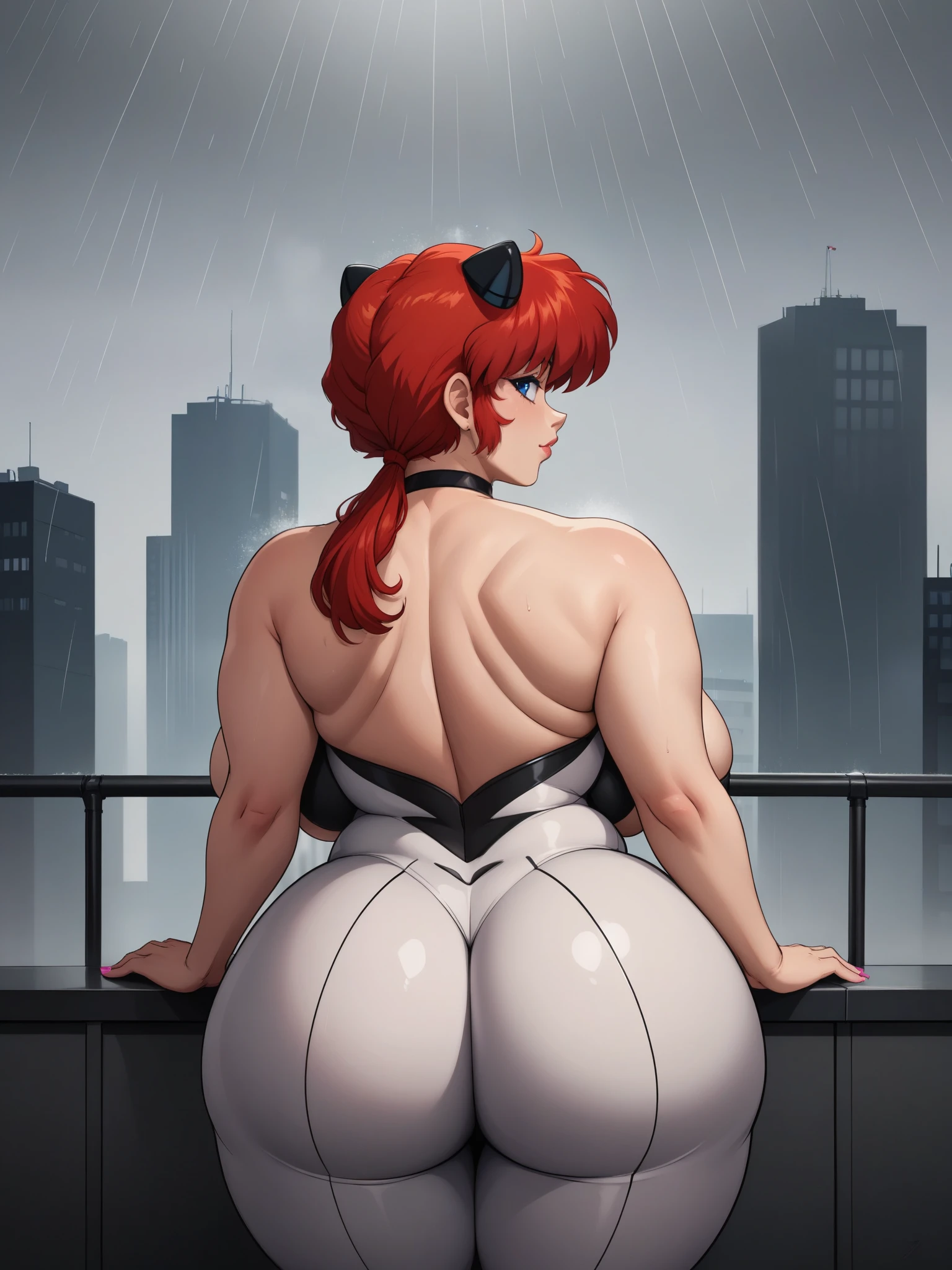 Ranma Saotome. red hair. Blue eyes. pigtail. huge saggy breasts. hige hips. bbw. choker. red-black evangelion suit. black eyeliner. pink manicure. city. rain. rear view. sitting
